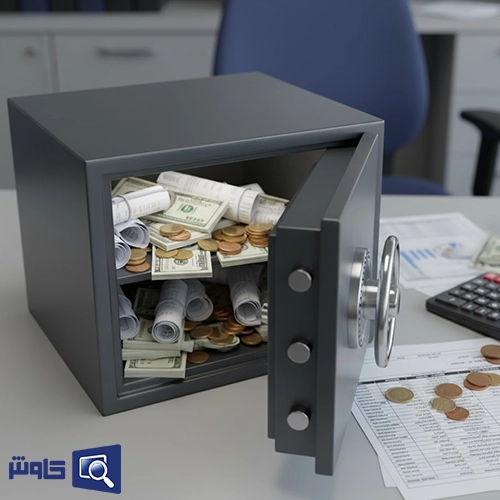 تصویر صندوق پول و اسکناس روی میز حسابدار برای نمایش مفهوم صندوق در حسابداری و وجوه نقد شرکت