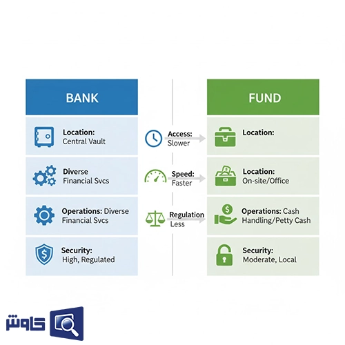 نمودار مقایسه‌ای بین حساب صندوق و حساب بانک از نظر محل نگهداری وجه نقد، امنیت و نحوه ثبت در حسابداری